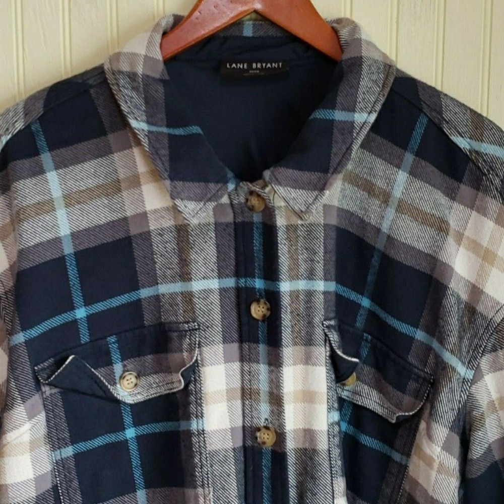 Lane‎ Bryant Jacket Womens Plus 22/24 Blue Plaid Flannel Button Pockets Collared